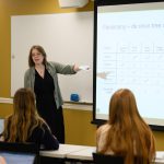 Dr. Anna Parker, Assistant Teaching Professor of Biology, gives a lecture during the Bio 314 course on Evolution in Winston Hall this spring. 